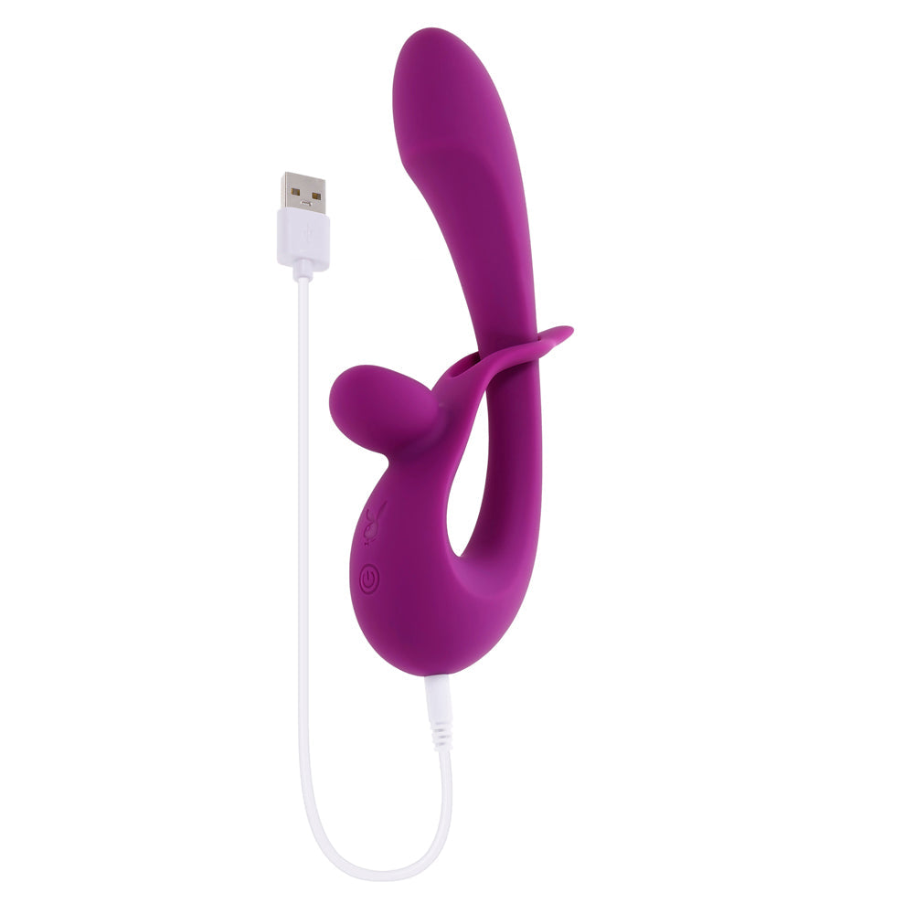 Purple dual silicone vibrator with USB charging cable.