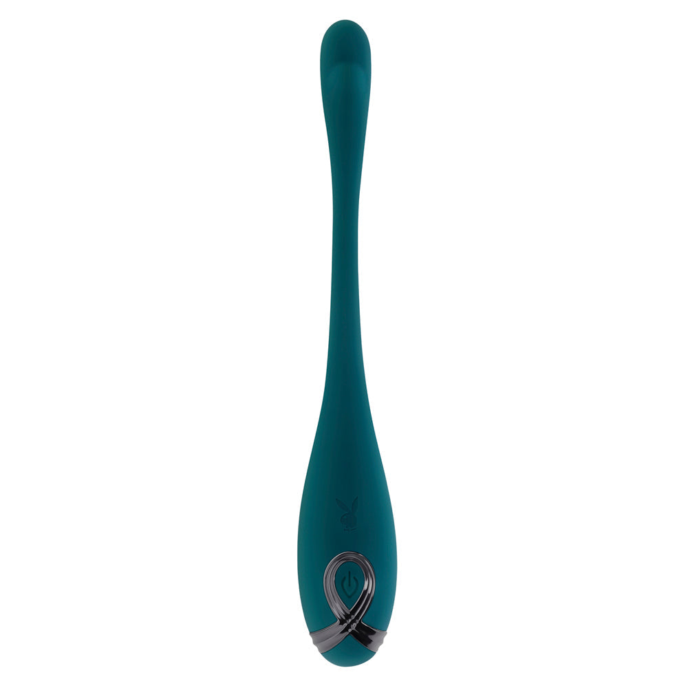 Teal bendable precision vibrator with Playboy logo and power button.