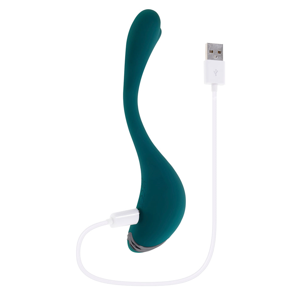 Teal bendable vibrator with USB charging cable.