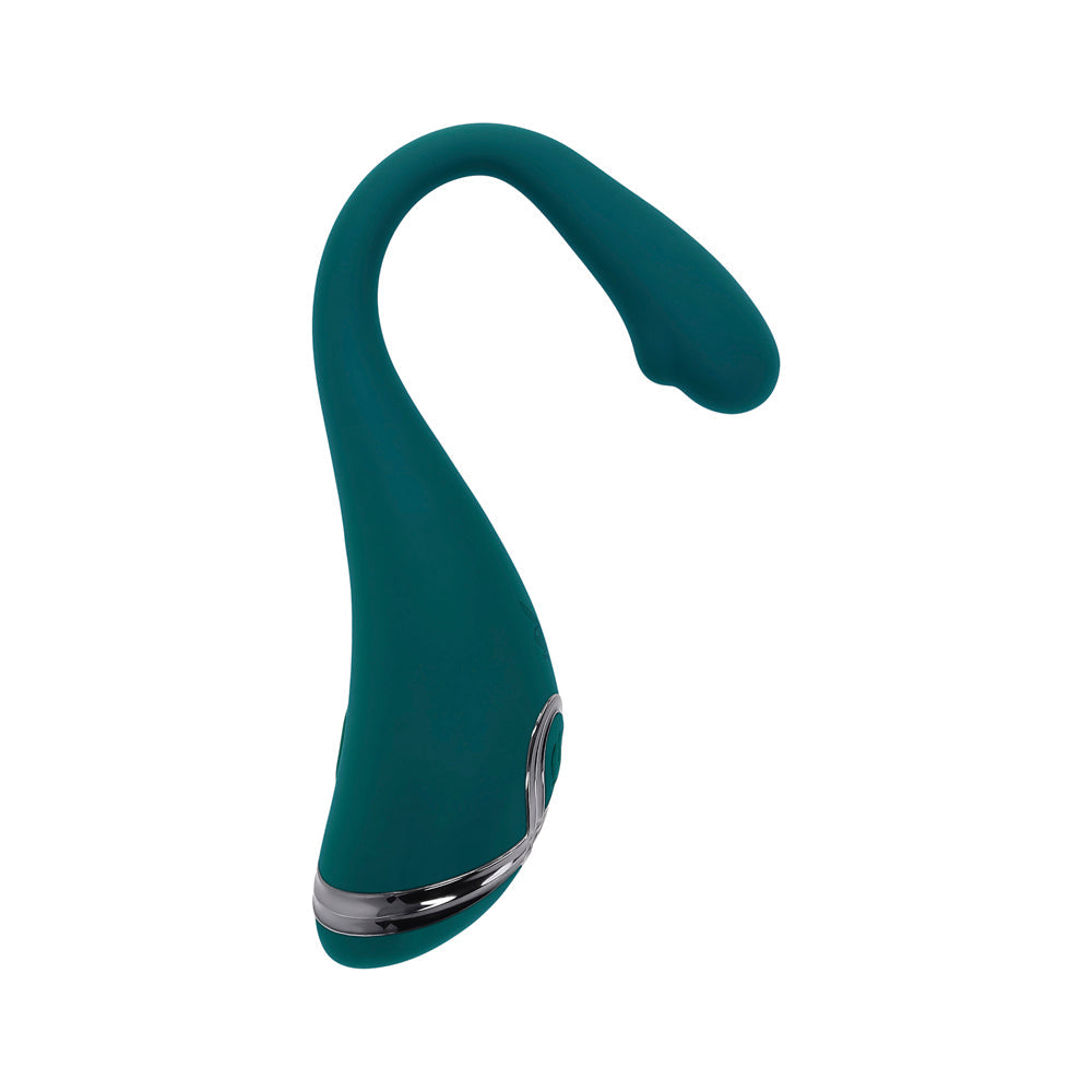 Teal bendable silicone vibrator with a silver band.