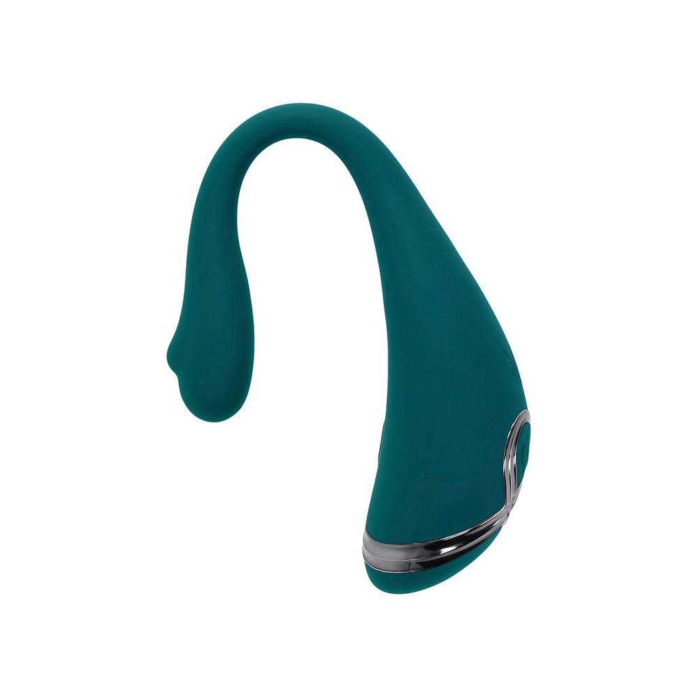 Teal bendable vibrator with silver accents.