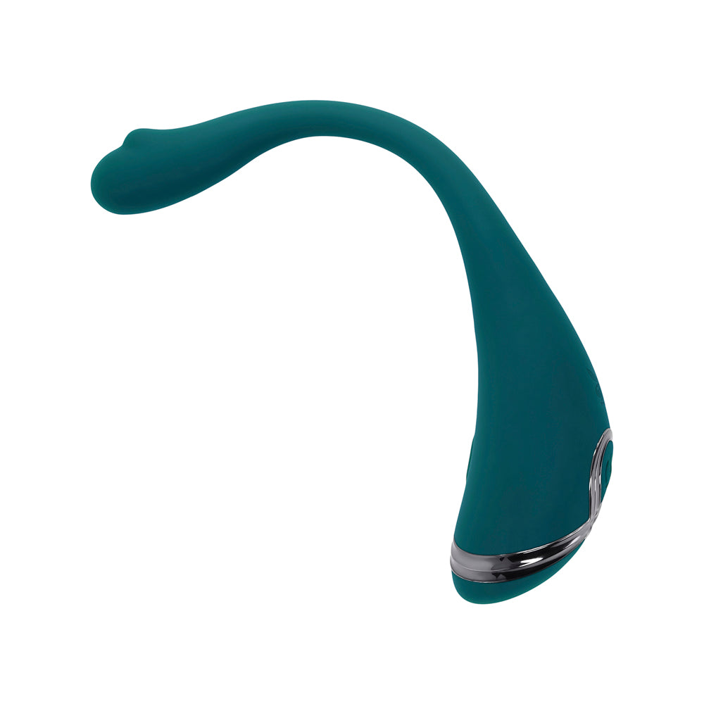 A teal, bendable vibrator with silver accents.