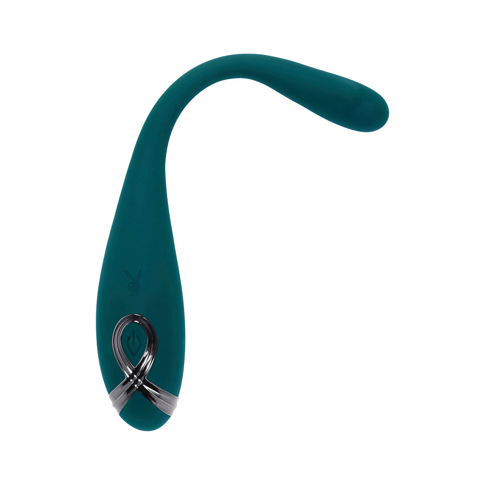 Teal bendable vibrator with a Playboy logo and silver power button.