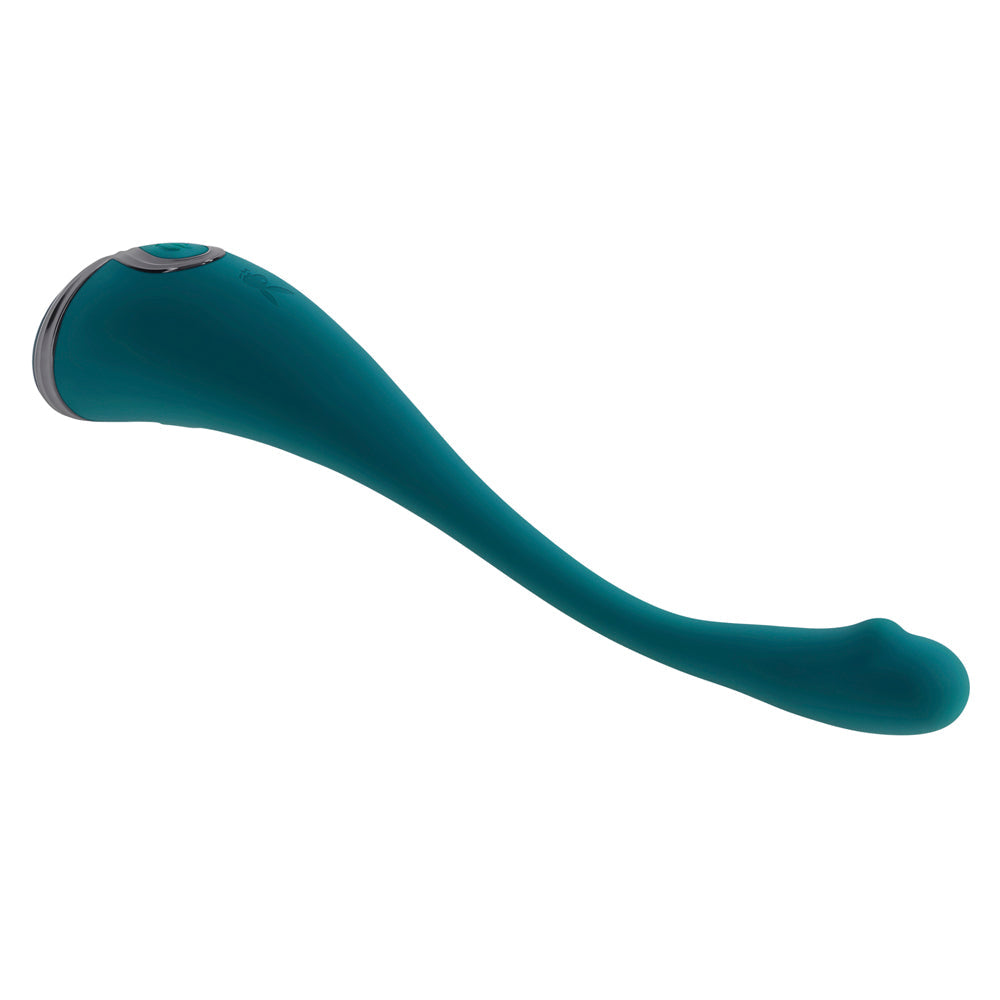 A teal bendable vibrator with a silver ring at the top.