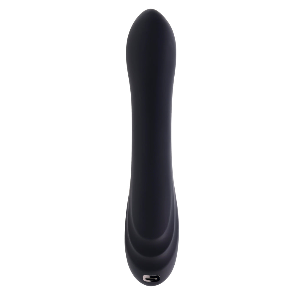 Black silicone dual vibrator with a curved shaft and G-spot stimulator.