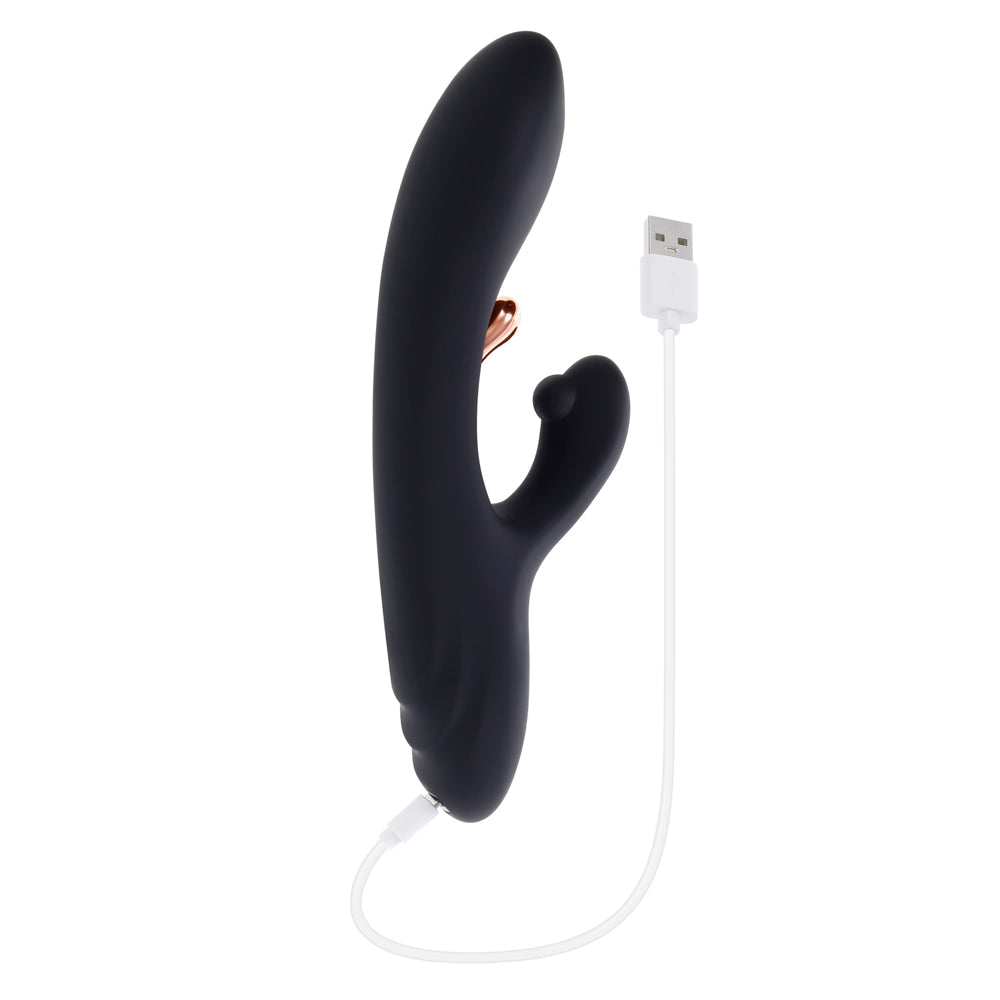 Black dual vibrator with a USB charging cable.
