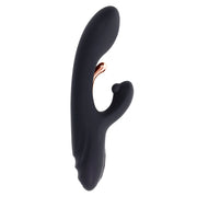 A black silicone dual vibrator with a rose gold accent.