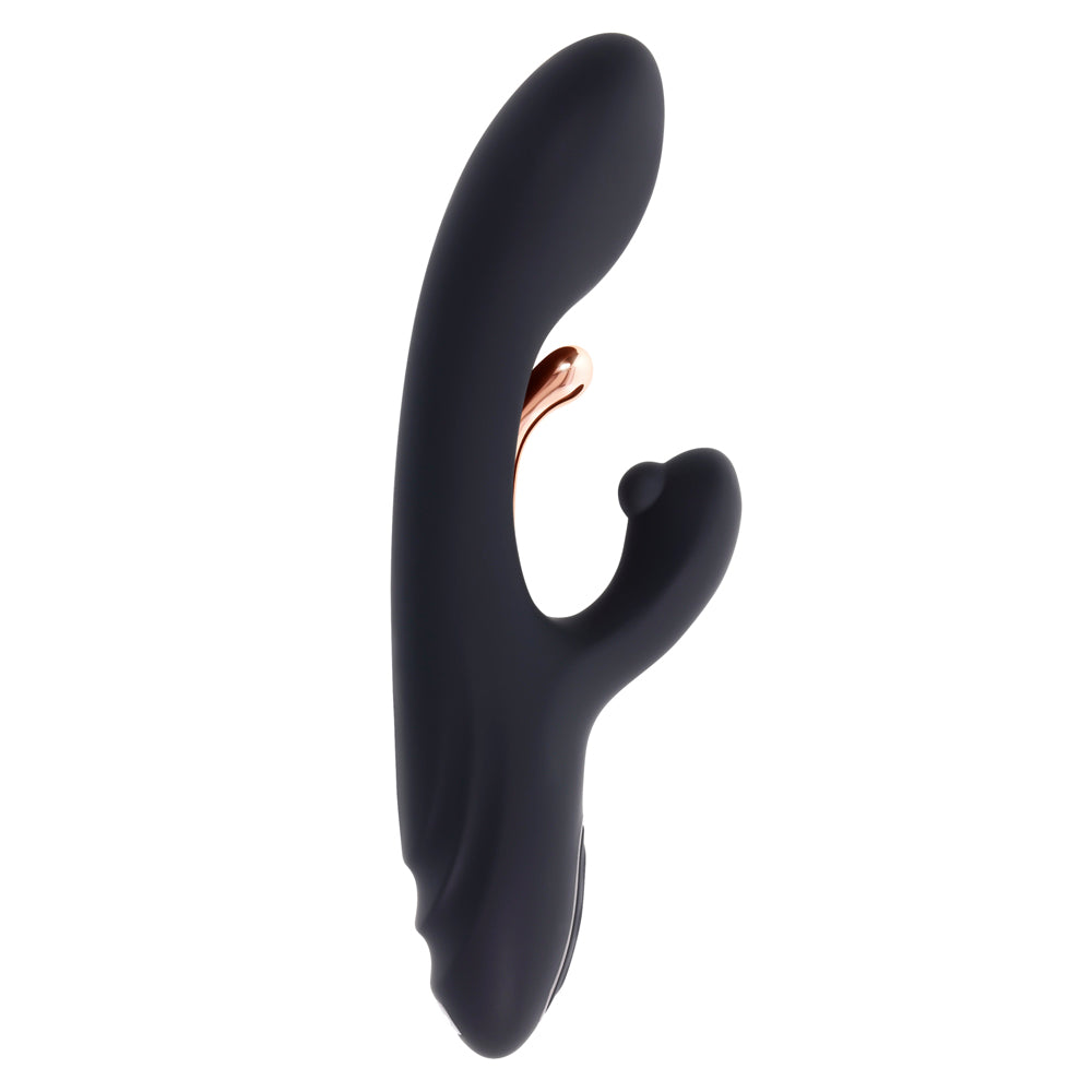 A black silicone dual vibrator with a rose gold accent.
