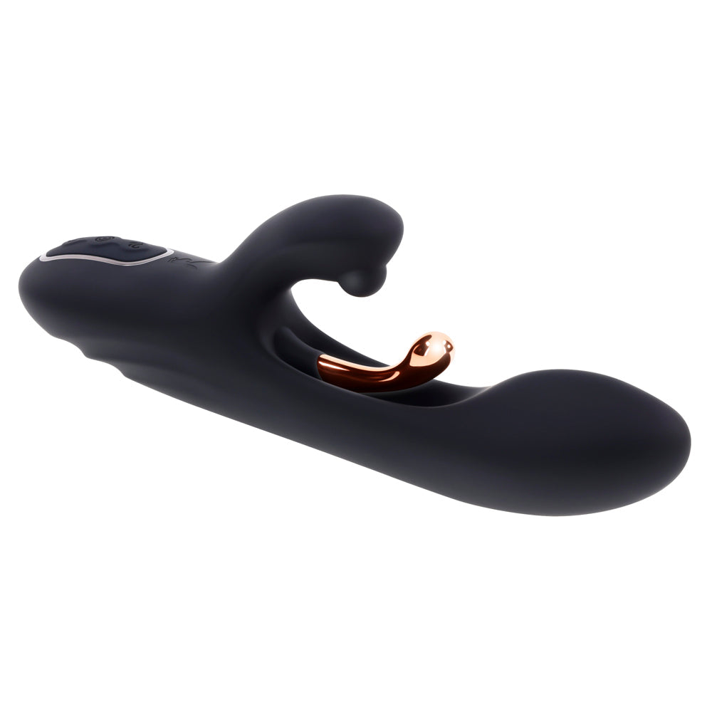 Black silicone dual vibrator with a rose gold G-spot stimulator.