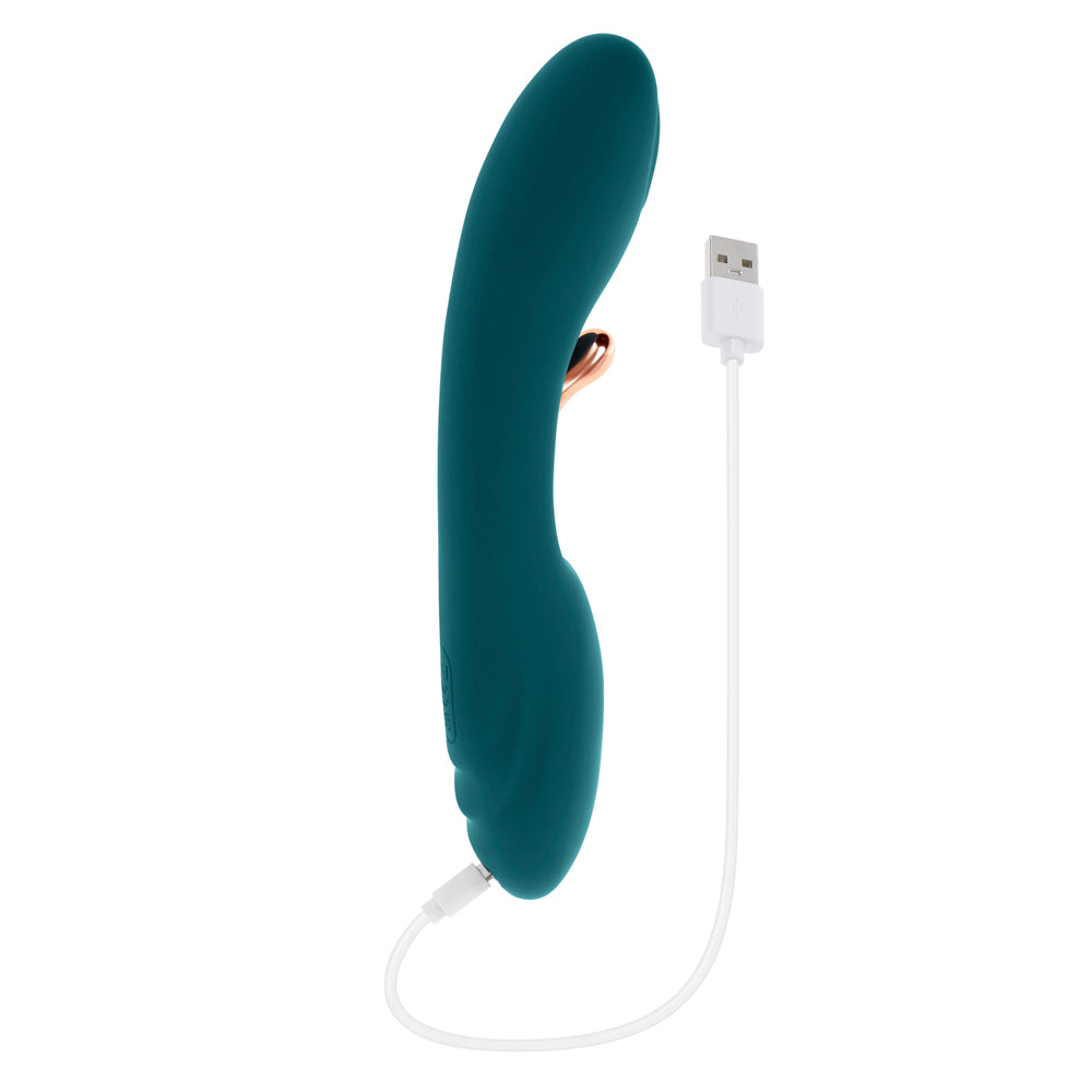 Teal silicone G-spot vibrator with a USB charging cable.