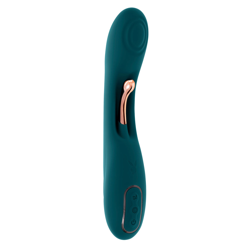 Teal silicone G-spot vibrator with rose gold accents and control buttons.
