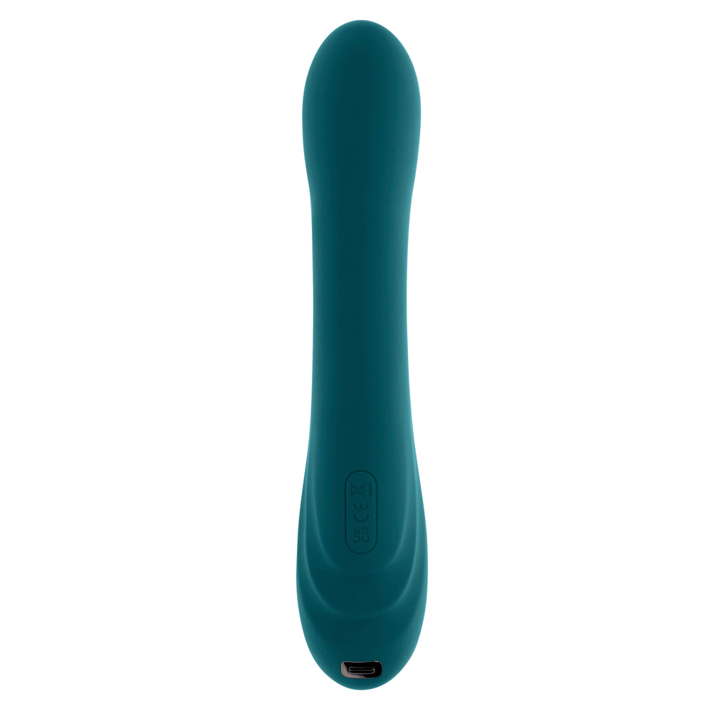 Teal rechargeable silicone G-spot vibrator with USB-C port.