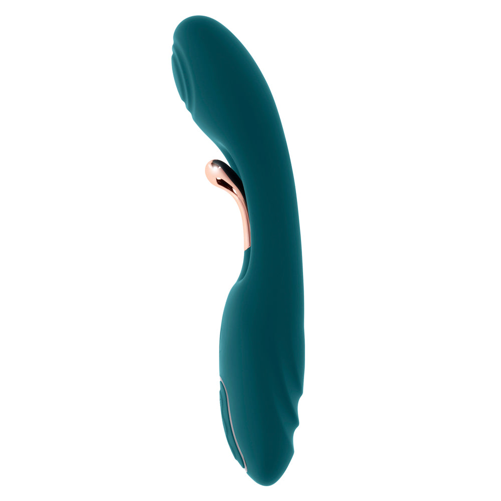 Teal silicone G-spot vibrator with rose gold accent.
