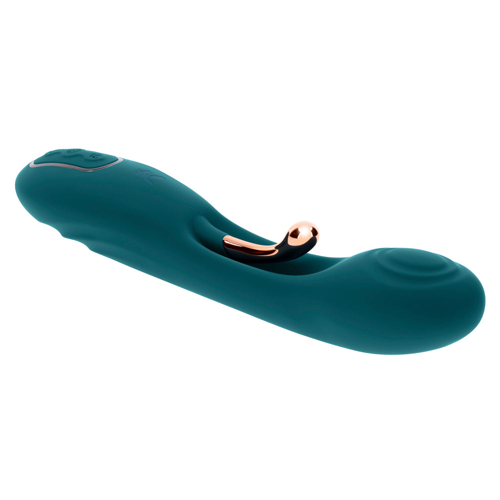 Teal silicone vibrator with a rose gold G-spot tickler and control buttons.