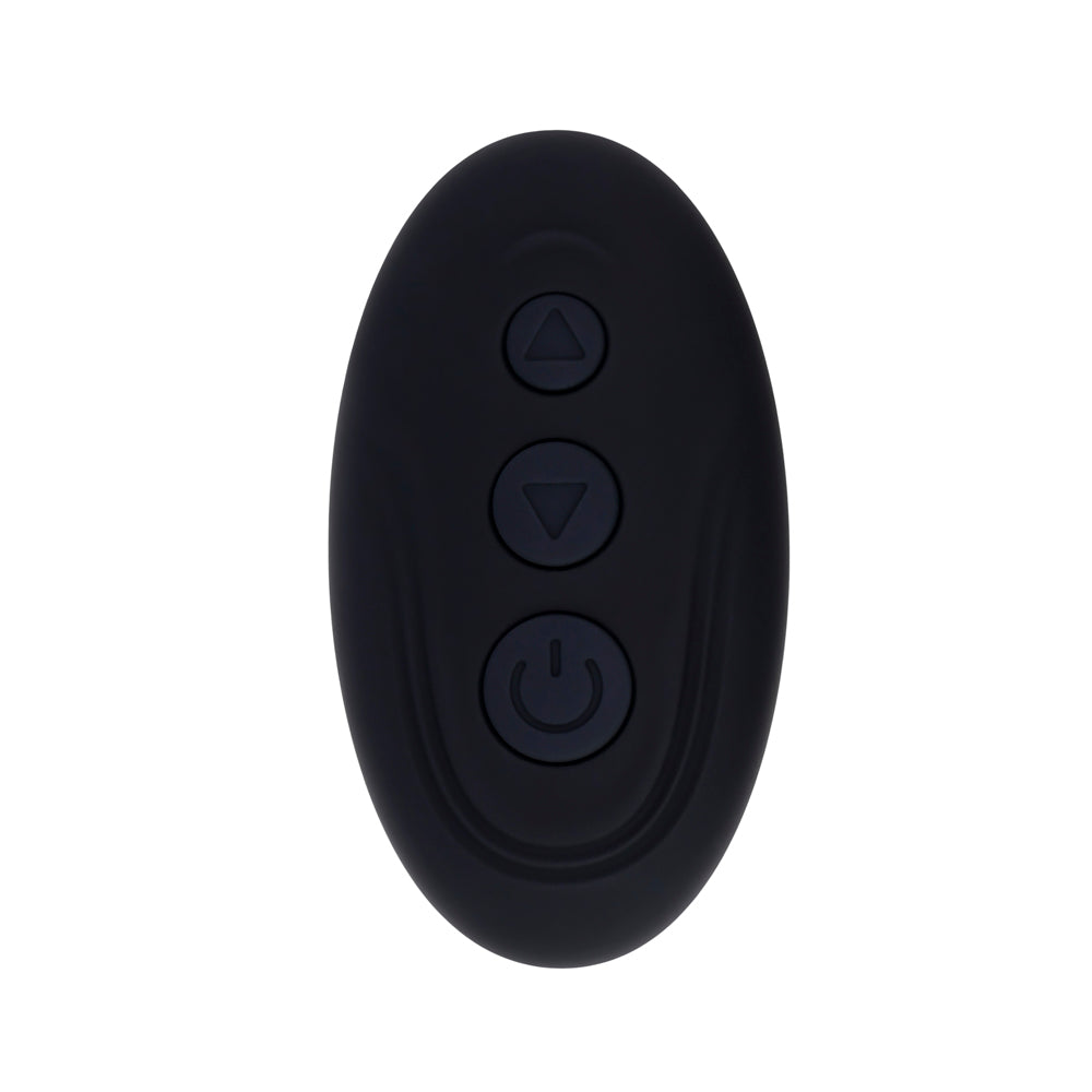 Black remote control with up, down, and power buttons.