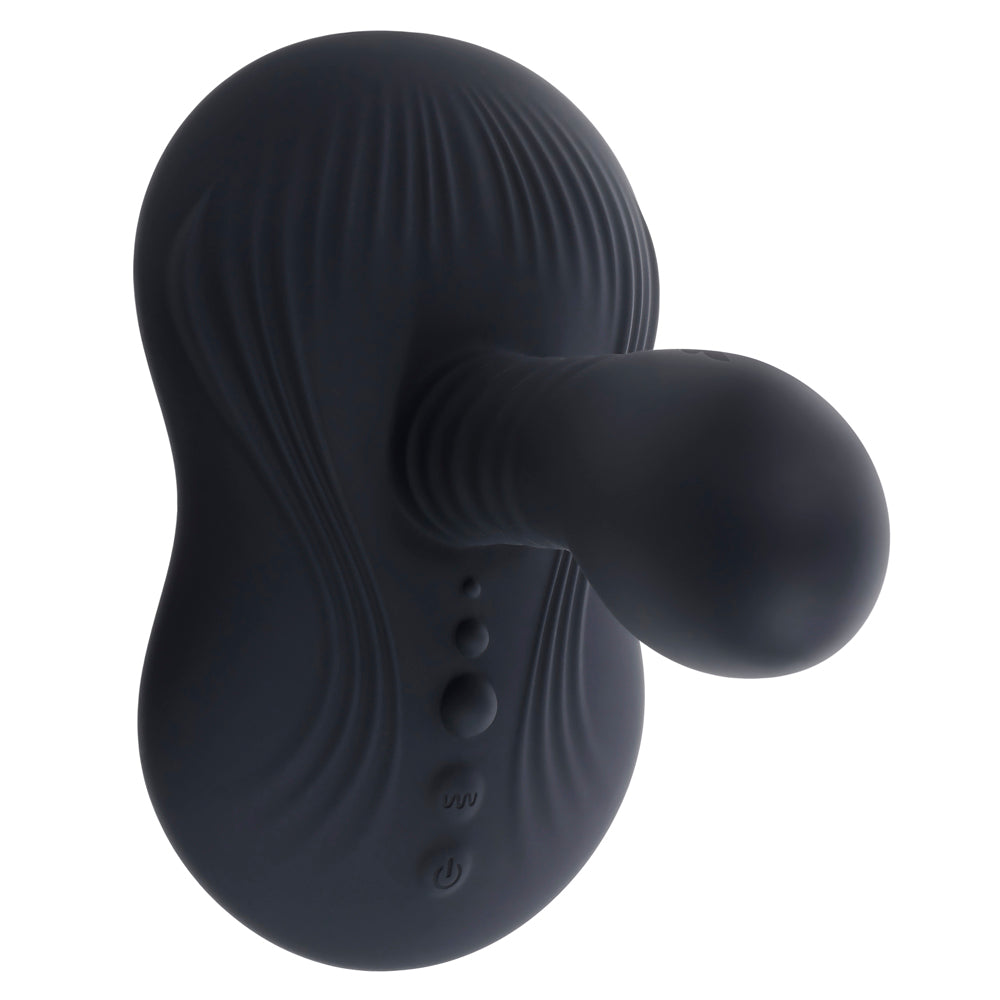 Black rotating vibe with textured probe and control buttons.