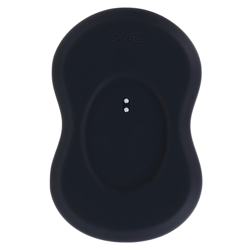 Black rechargeable base with two charging pins and UK CA CE markings.