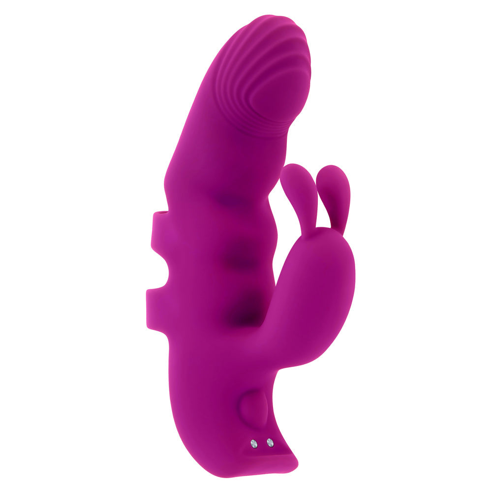 A purple G-spot finger vibrator with textured head and bunny ears.