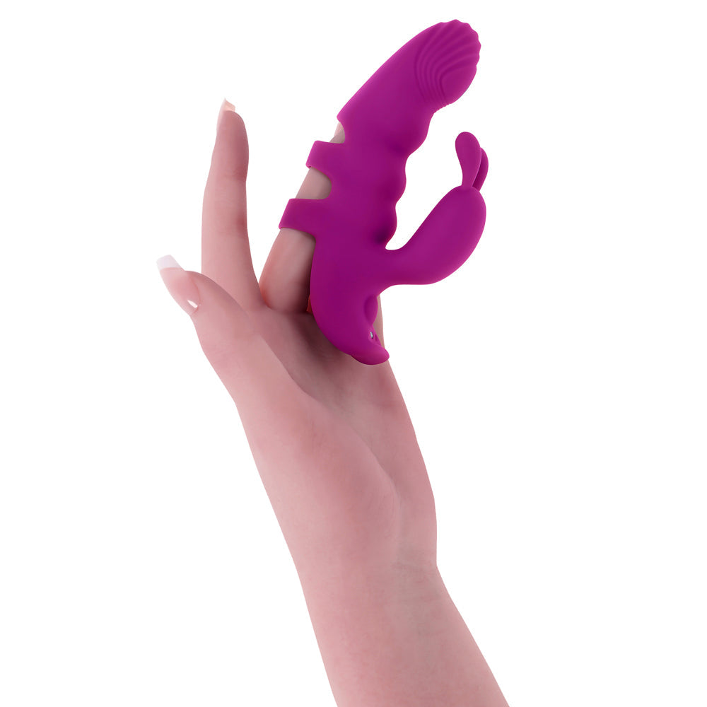 Purple G-spot finger vibrator with bunny ears and dual straps.