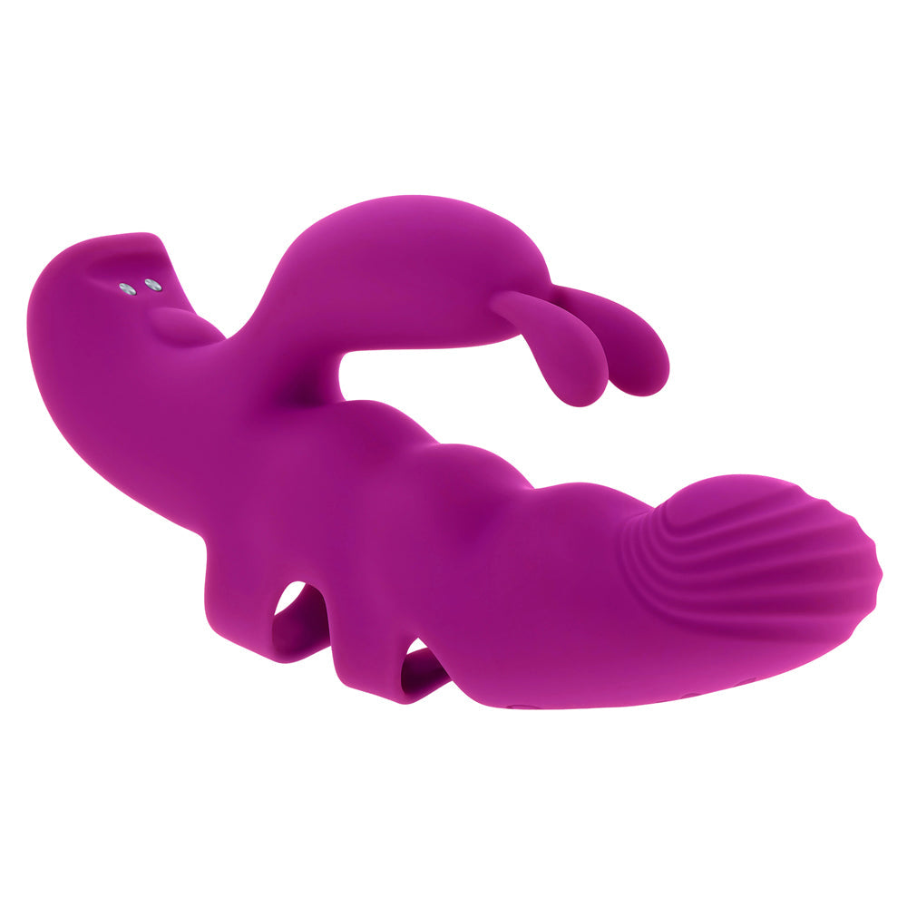 A purple G-spot finger vibrator with textured head and bunny ears.