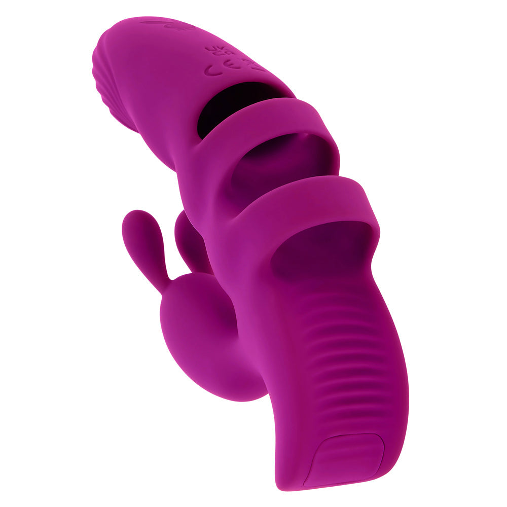 A purple G-spot finger vibrator with dual straps and bunny ears.