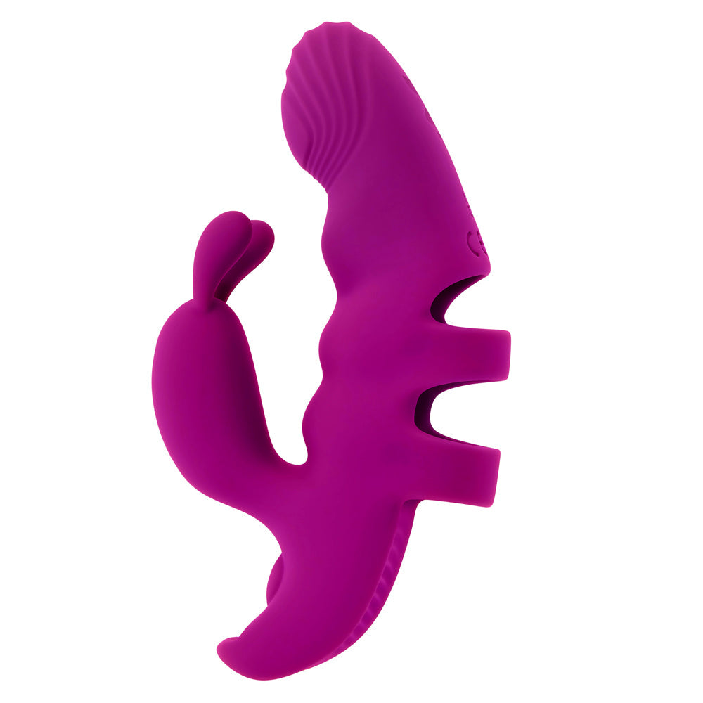 A purple G-spot finger vibrator with textured head and bunny ears.