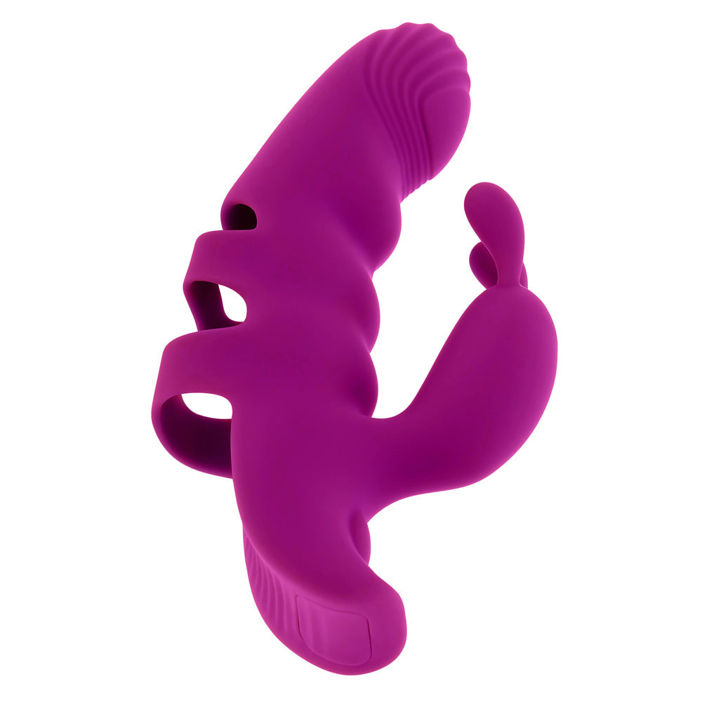 A purple G-spot finger vibrator with textured head and bunny ears.