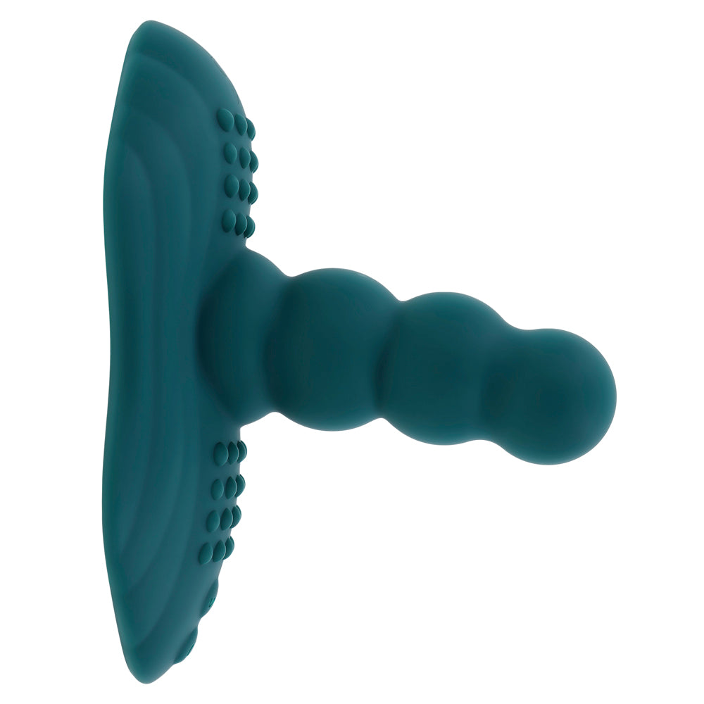 Teal silicone massager with textured bumps and a bulbous shaft.