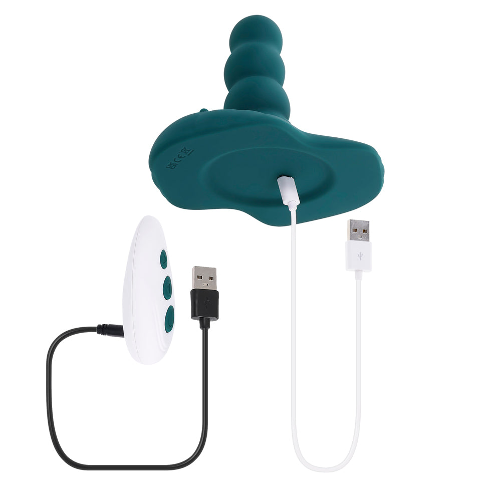 Teal silicone massager with a remote control and USB charging cables.