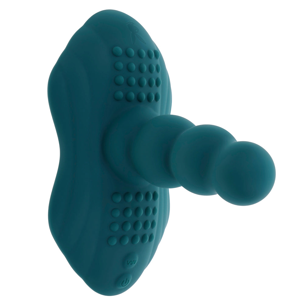 Teal silicone massager with textured surface and beaded probe.