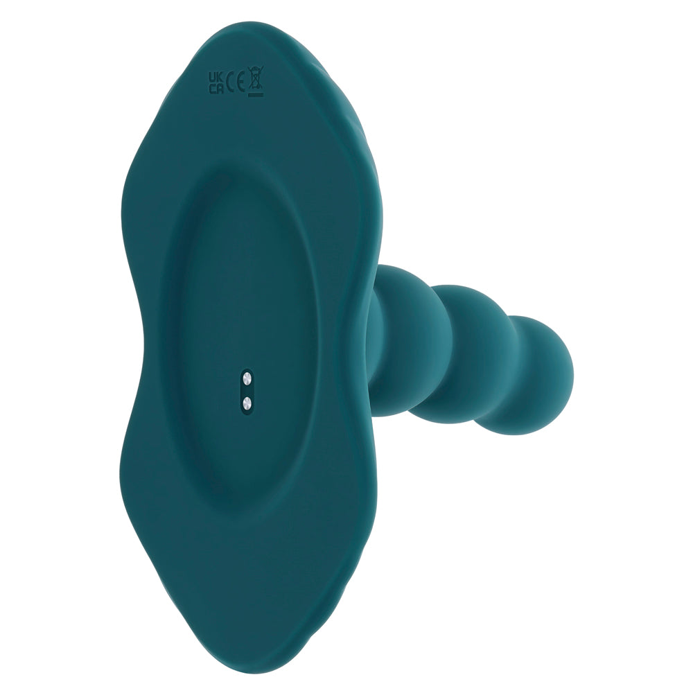 Teal silicone massager with a flared base and three rounded protrusions.