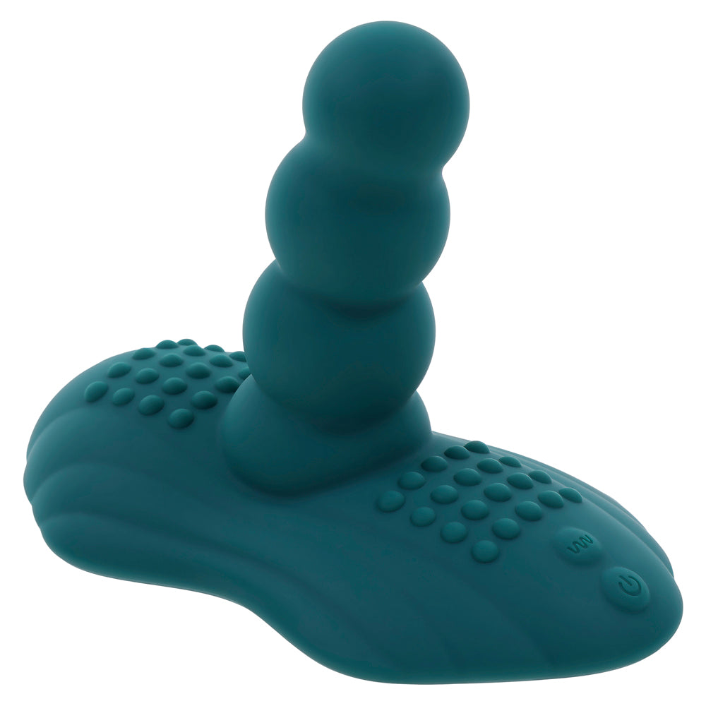 Teal silicone massager with a textured base and a segmented shaft.