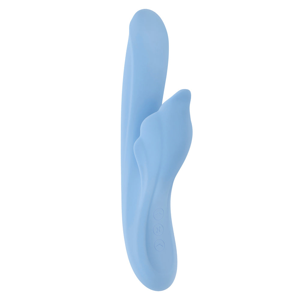 A light blue dual vibrator with a curved shape and three circular buttons.