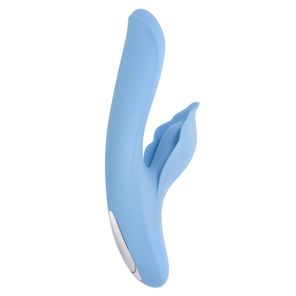 A light blue dual vibrator with a curved shape and petal-like clitoral stimulator.