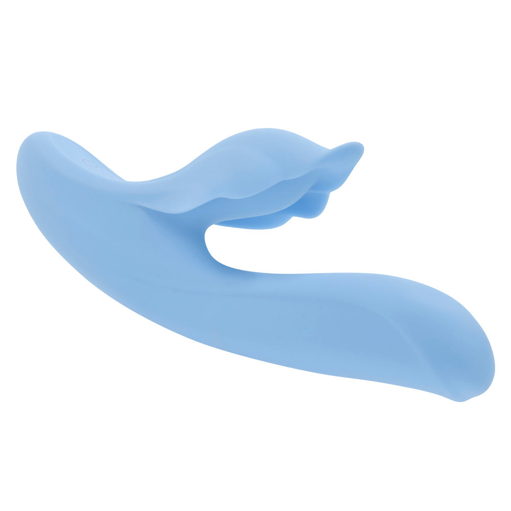 A light blue dual vibrator with a curved shape and textured tip.