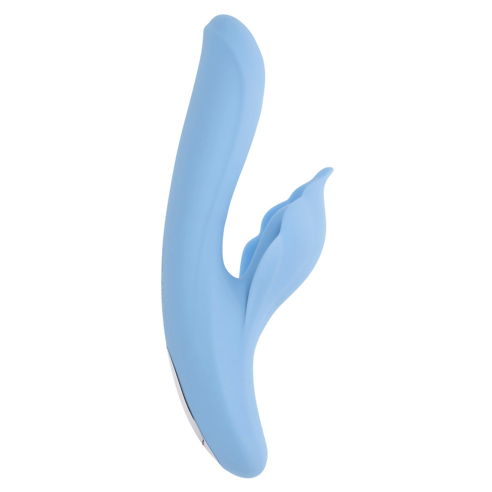 A light blue dual vibrator with a curved shape and petal-like clitoral stimulator.
