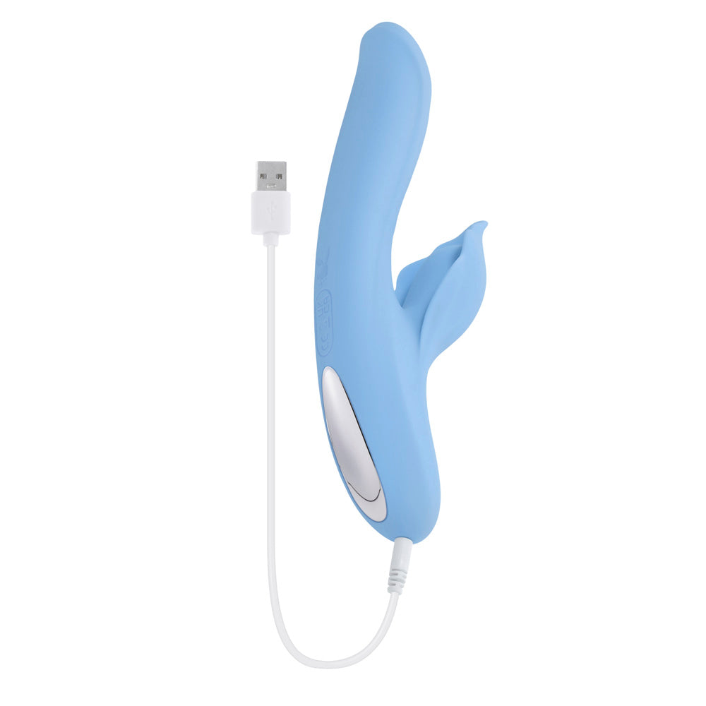 Blue dual vibrator with USB charging cable.