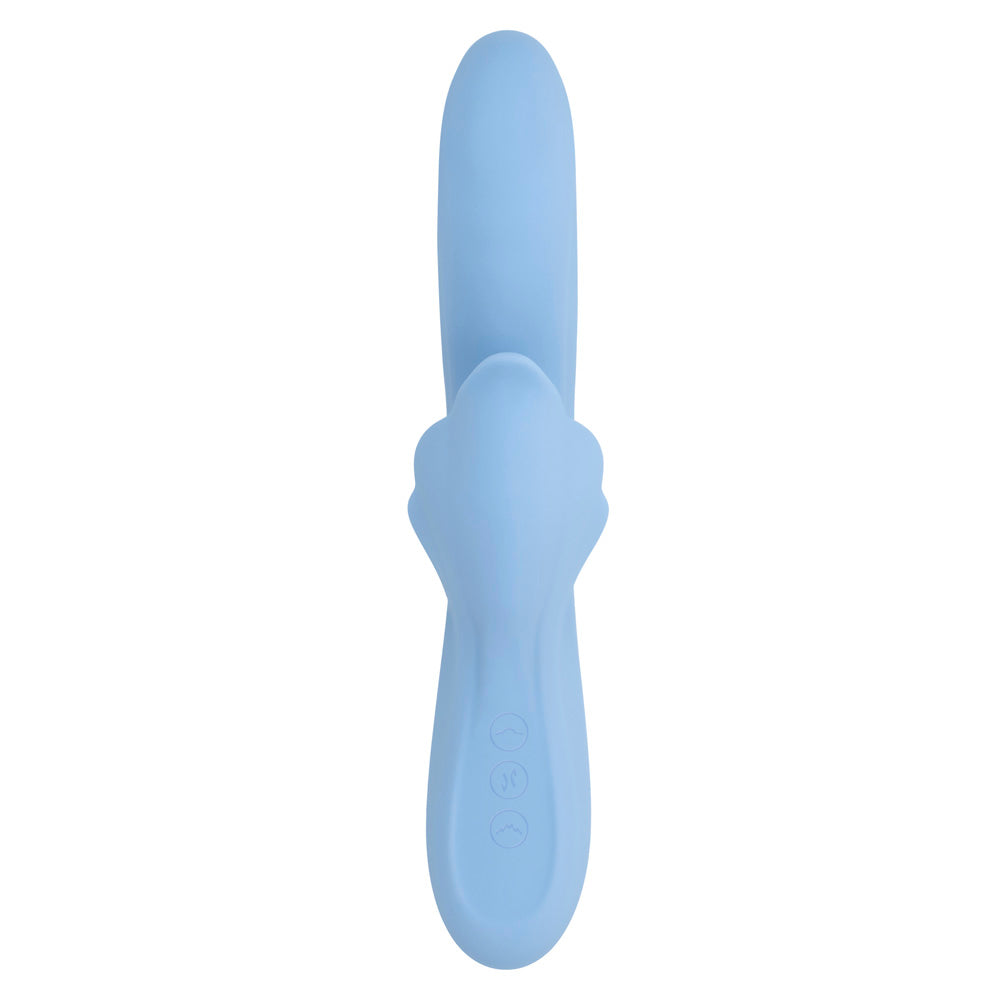 A light blue dual vibrator with a ribbed texture and three control buttons.