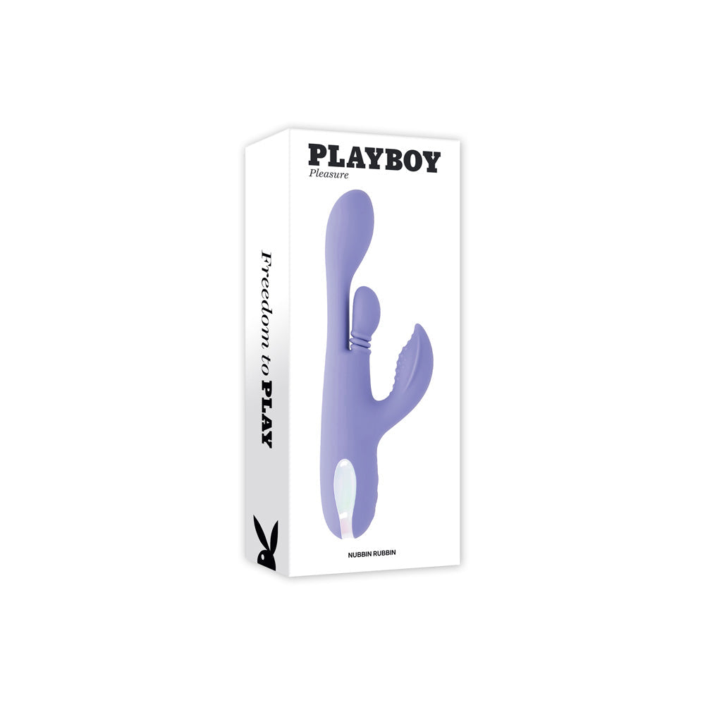 Playboy Nubbin Rubbin dual thrusting silicone vibrator in purple on a white box.