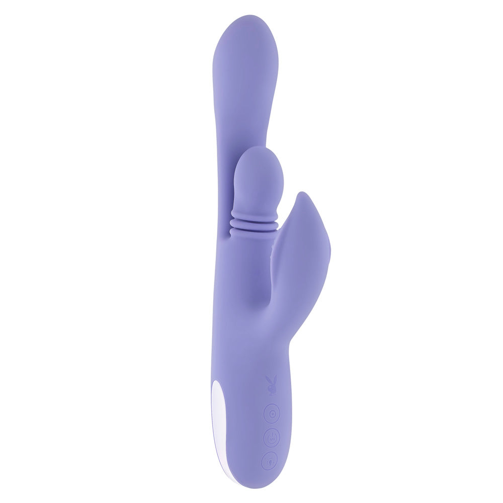 A purple dual thrusting silicone vibrator with a nubbin and three buttons.