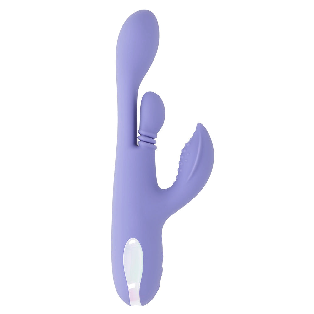 A purple dual thrusting silicone vibrator with a textured stimulator.
