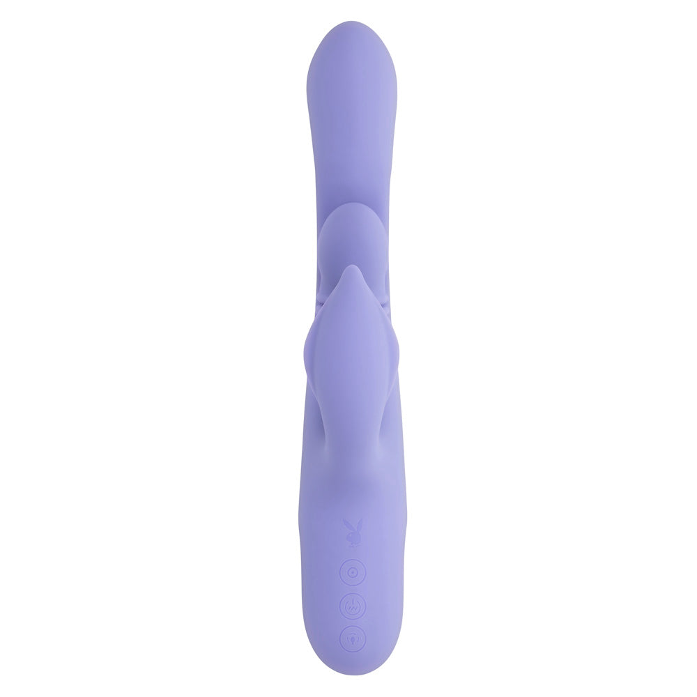 A purple silicone vibrator with a dual thrusting nub and three buttons.