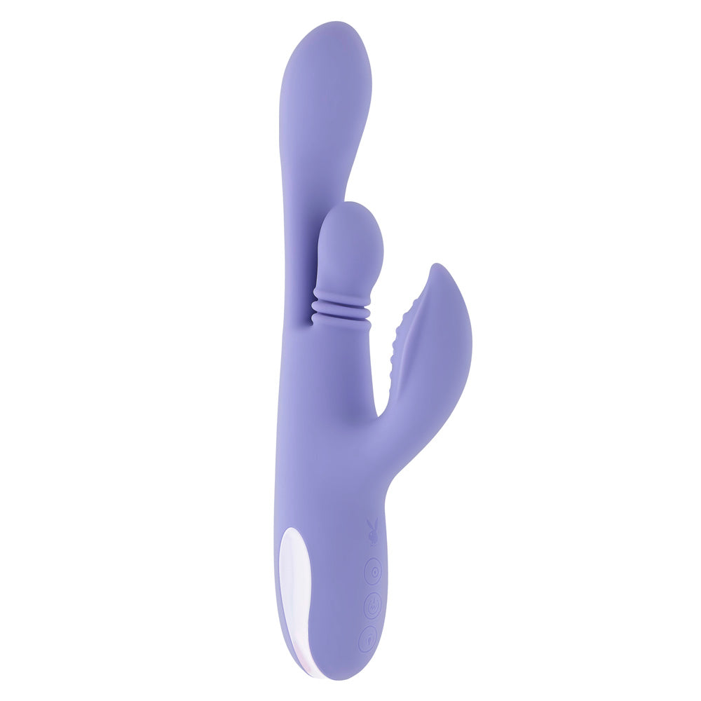 A purple dual thrusting silicone vibrator with a nubbin and control buttons.