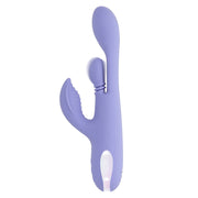 A purple silicone vibrator with a nubbin and a clitoral stimulator.