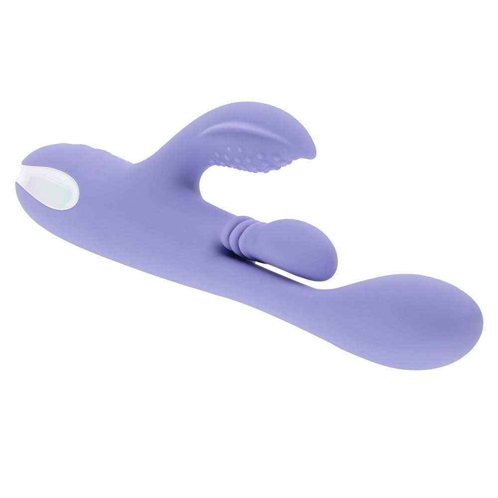 A purple dual thrusting silicone vibrator with a textured head and a nub.