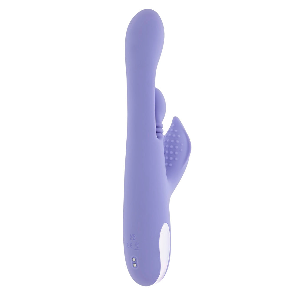 A purple silicone vibrator with a textured nubbin and a white base.