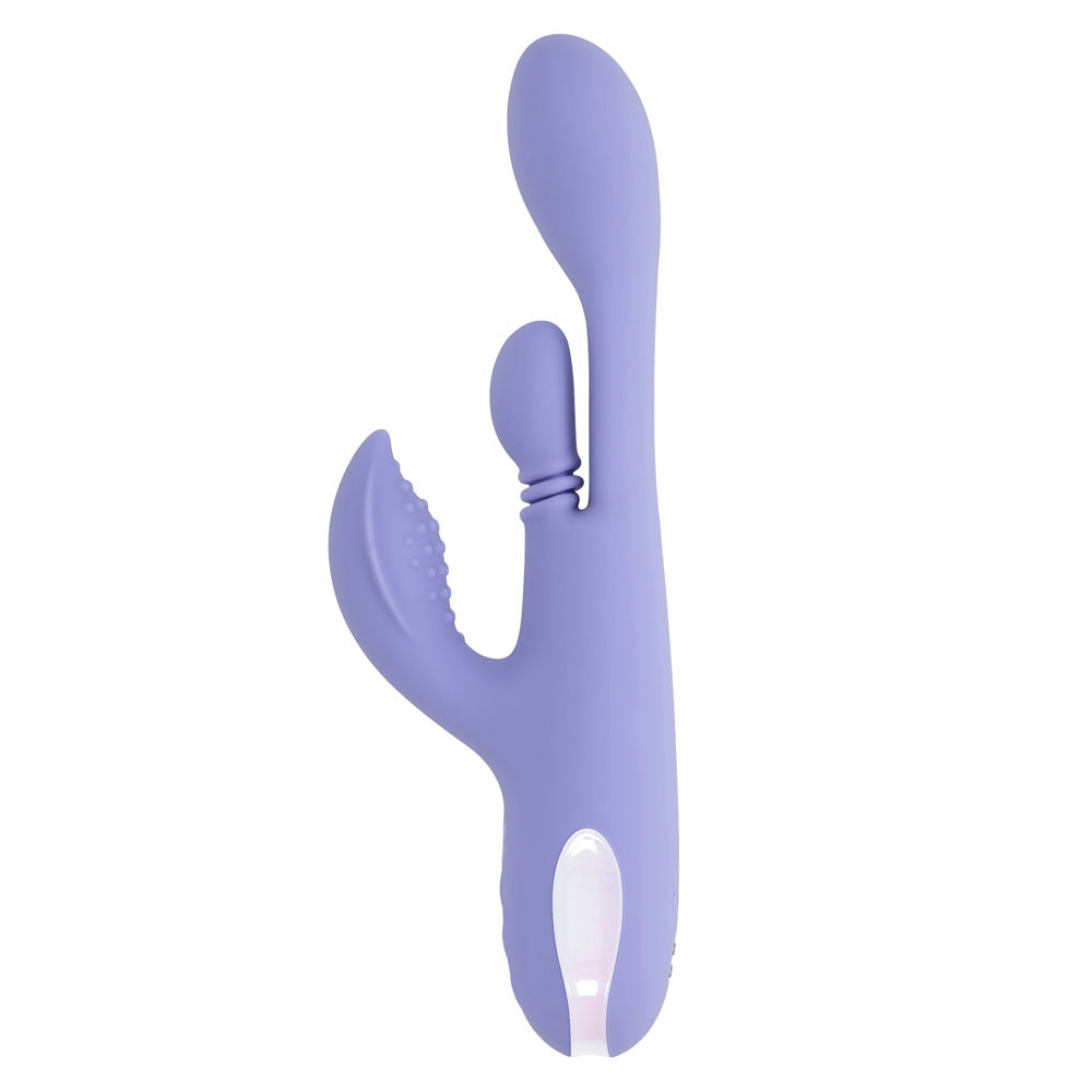A purple silicone vibrator with a dual stimulator and textured surface.