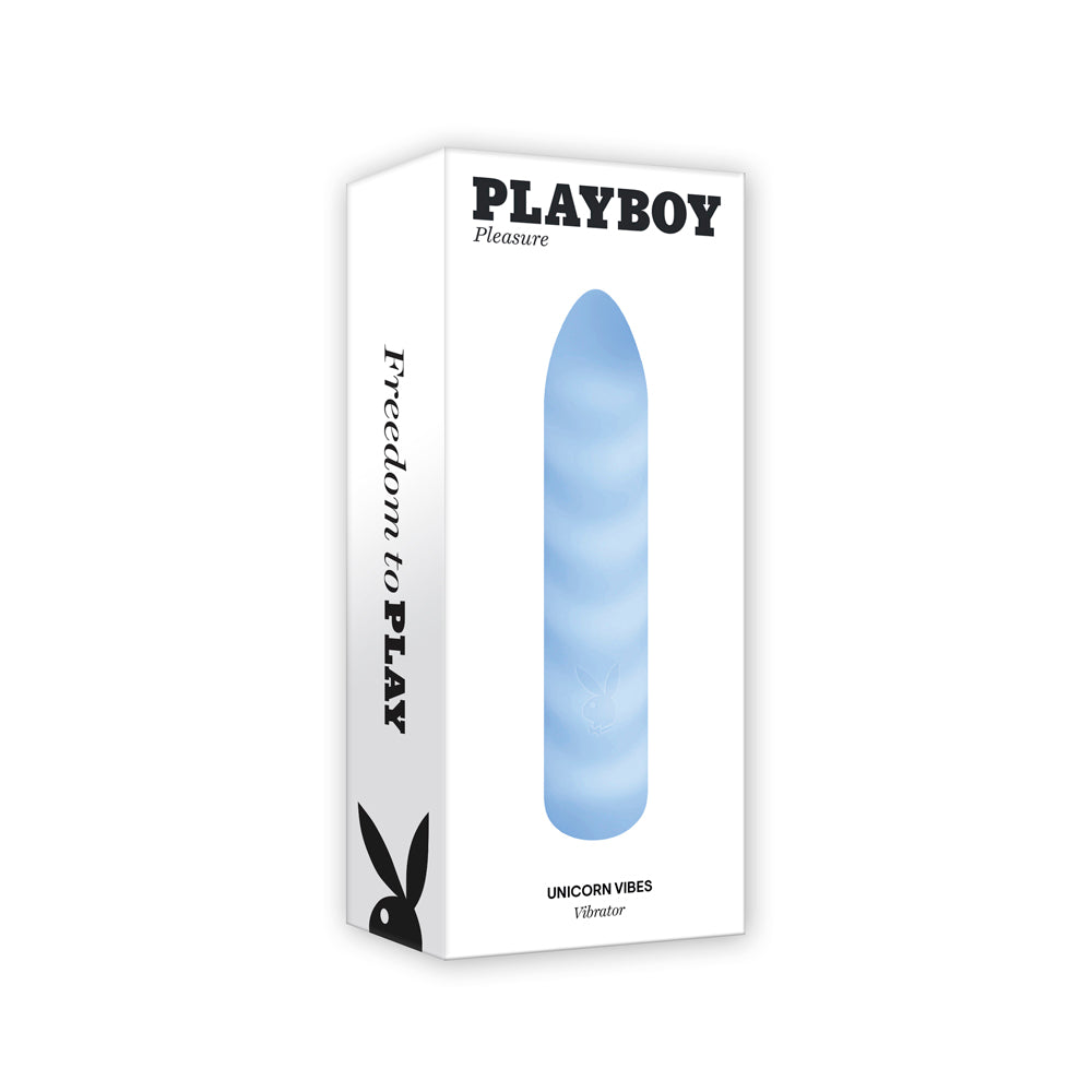 Playboy Unicorn Vibes vibrator in powder blue with white swirls.