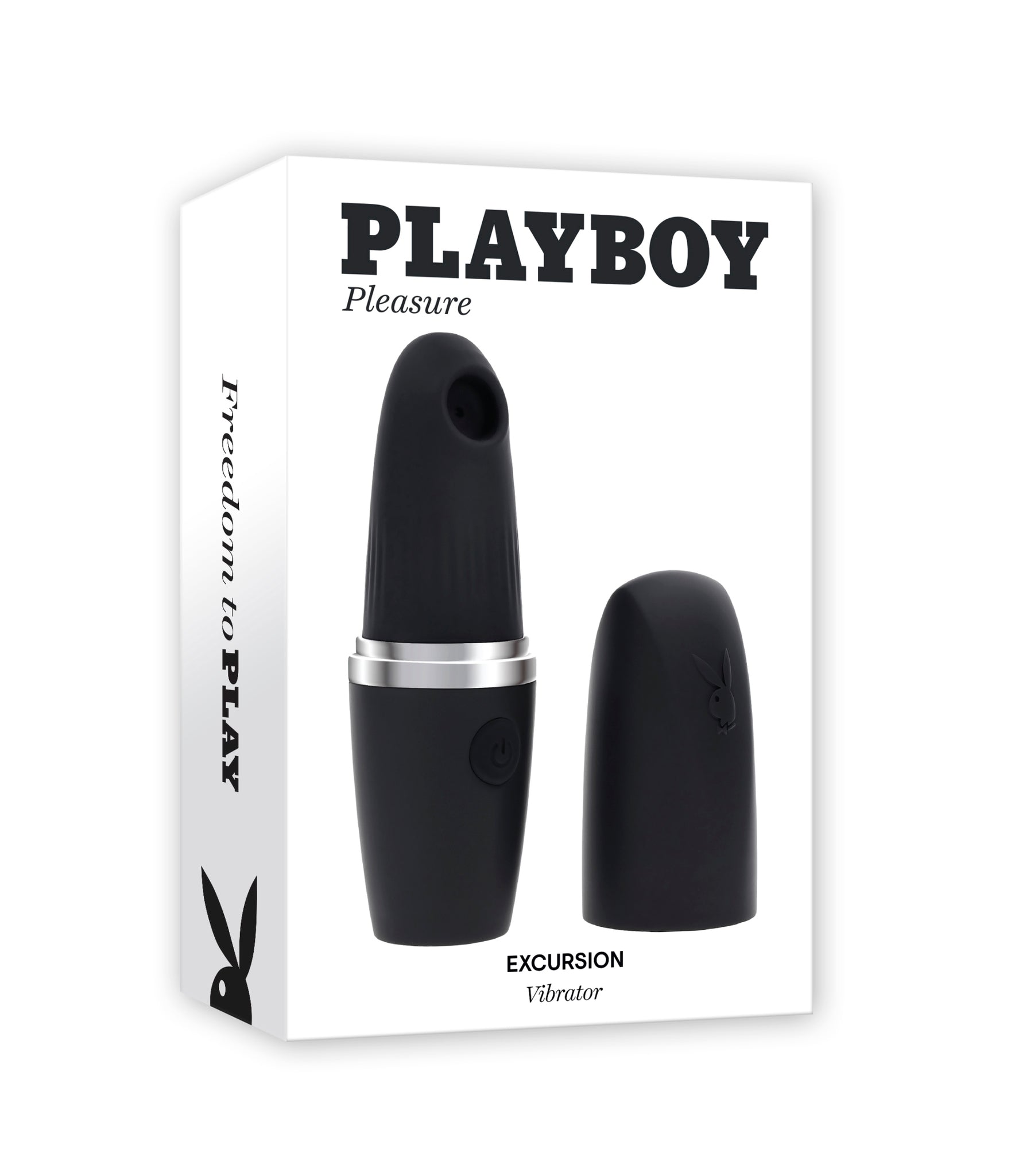 Black Playboy Excursion vibrator with cap and charging port on a white box.