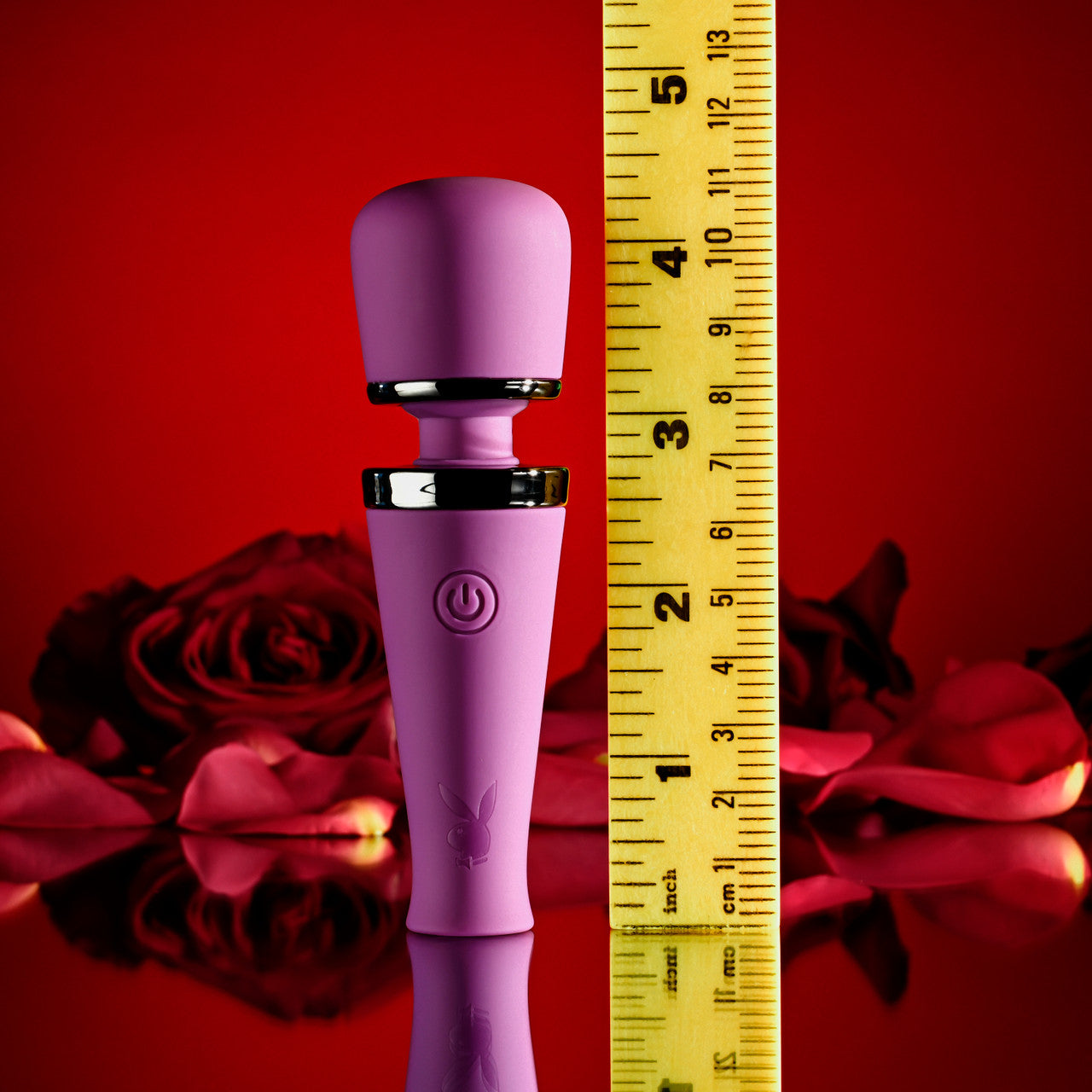Purple wand vibrator with a ruler for scale, against a red background with roses.